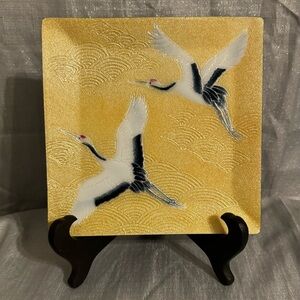 Tutanka Enamel Cloisonne Crane Pattern Tray Gold Background With Stand